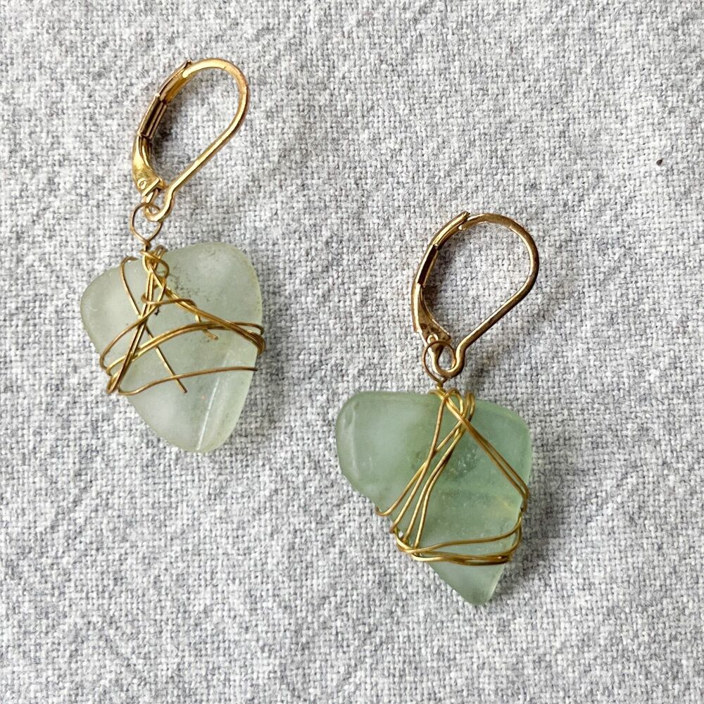 Handmade Sea Glass Drop Dangle Earrings - Brass - Leverback - Estate Jewelry